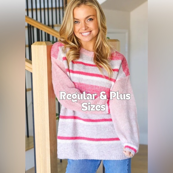Sweaters - Reg. & Plus Size Soft Fuzzy Knit Pink Striped Sweater, Relaxed Fit, Multicolored